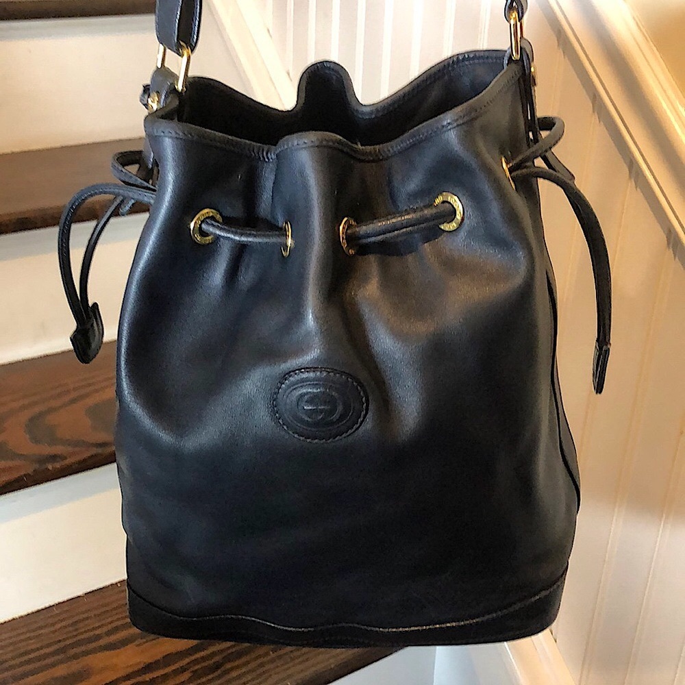 Vintage GUCCI Blue Leather Drawstring Bucket Bag with Blue Suede Lining MINT